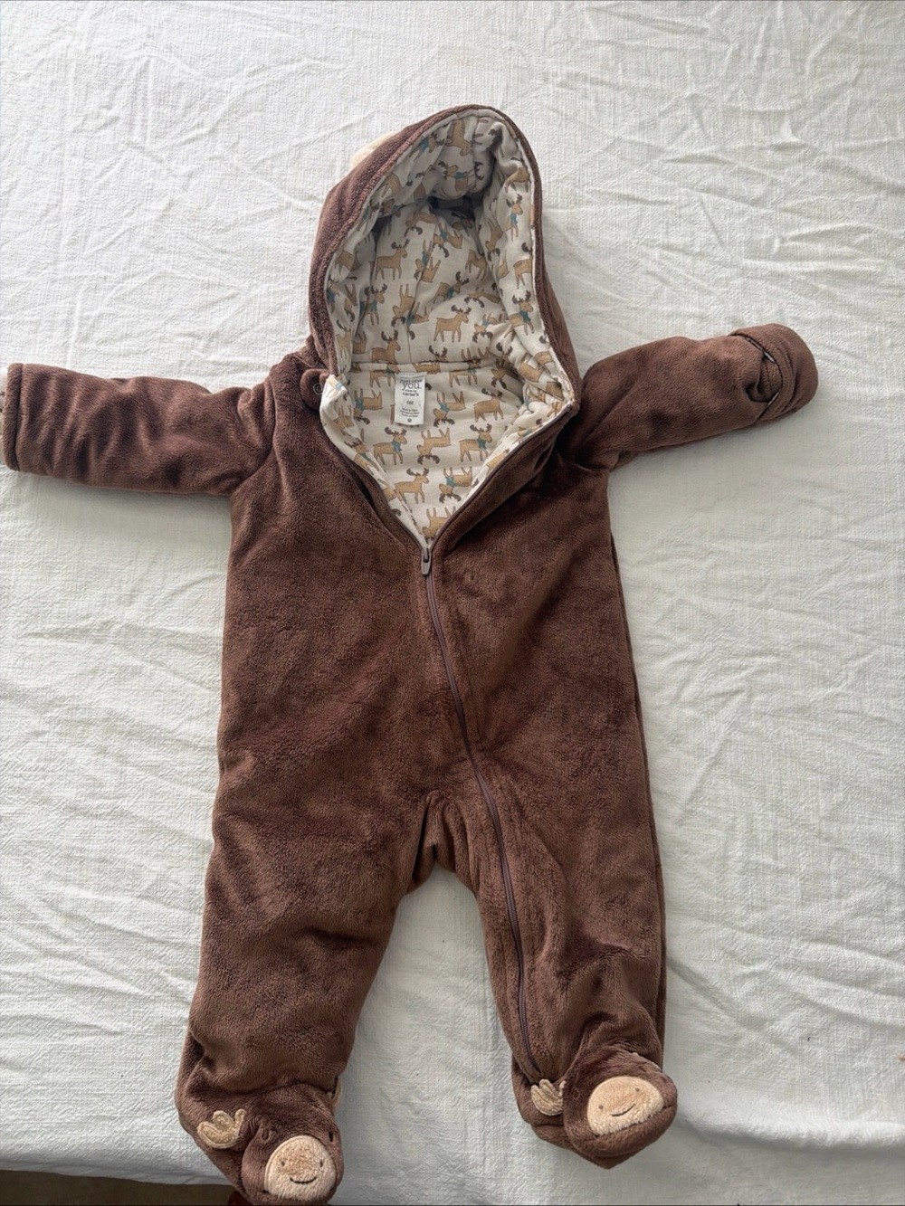 Carter's Brown Plush Hooded Baby Footed One-Piece with Moose Lining
